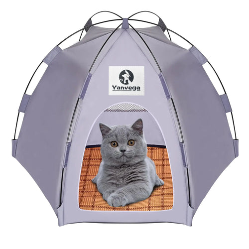 Yanvega Cat Tent Cat Beds for Indoor Cats Pet Supplies 23.6" × 23.6" × 16.8" Cat Pop Up Tent Collapsible Cat House Cat Cave Outdoor No Assemble Required High Elastic Frame with Ground Nail (Gray)